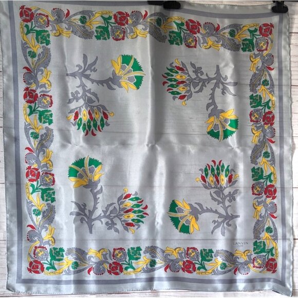 Lanvin Paris Scarf 100% Silk Georgette Hand Rolled Gray Floral Japan 26" FLAW - Picture 1 of 15